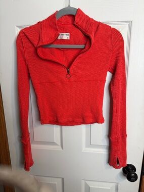 We The Free Red Ribbed Half-Zip Cropped Long Sleeve Top